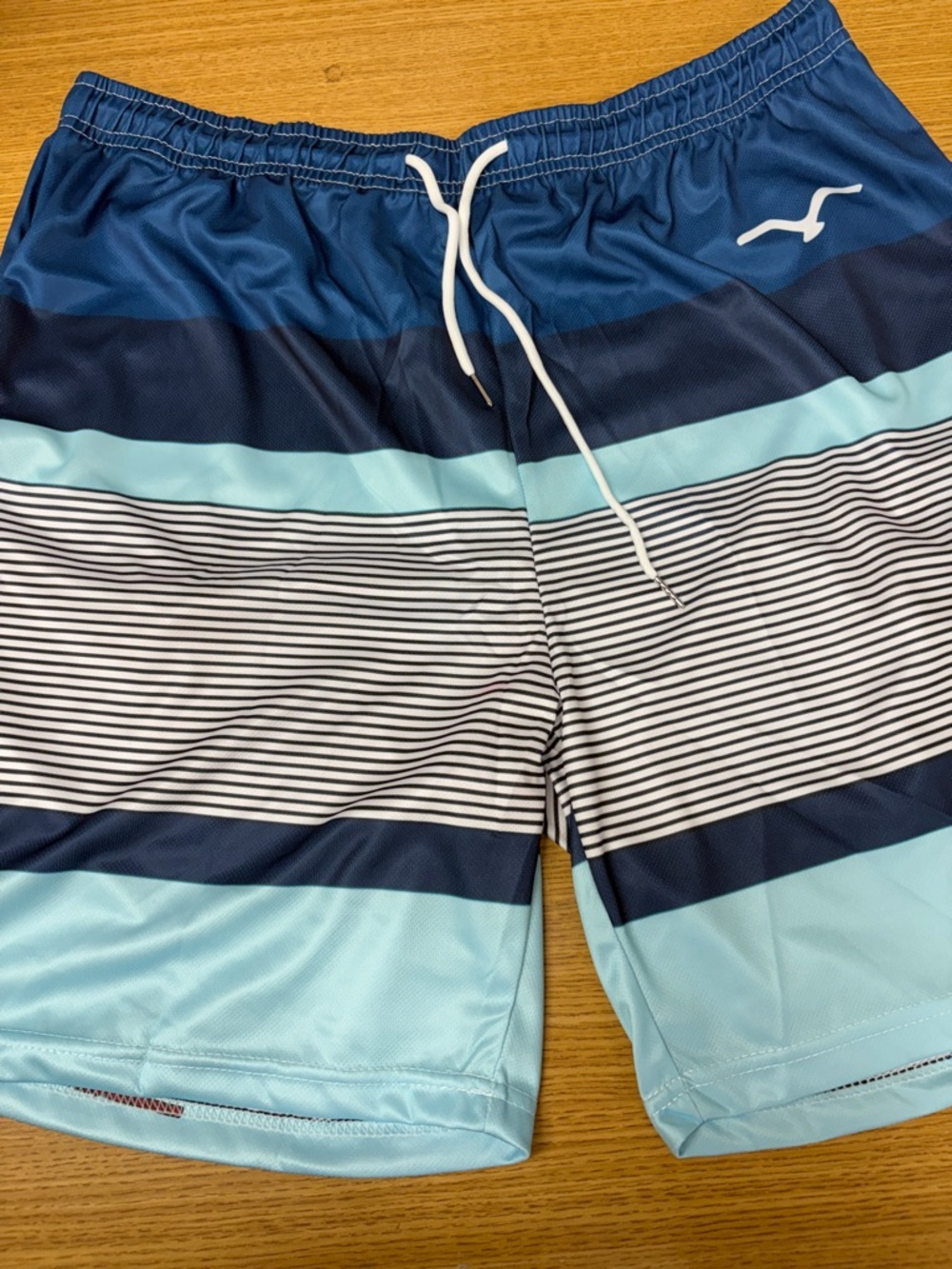 Men's Blue Geometric Striped Swim Board Swim Shorts with Drawstring
